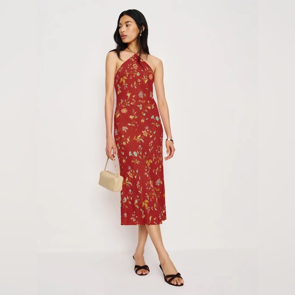 Reformation One Shoulder Dress in Red Floral